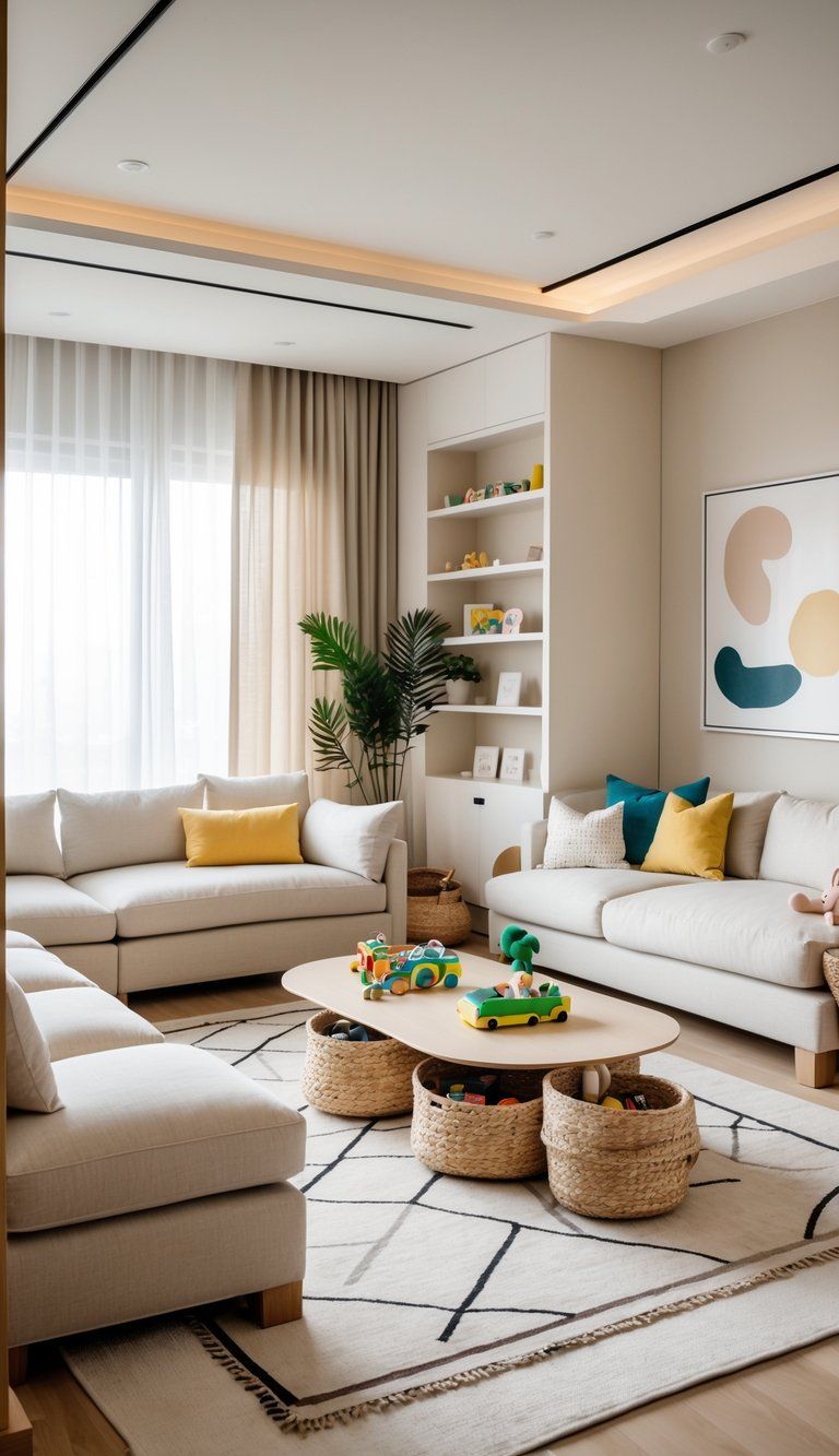 A bright living room with a sofa, coffee table, shelves with toys and books, large windows with curtains, and plants.