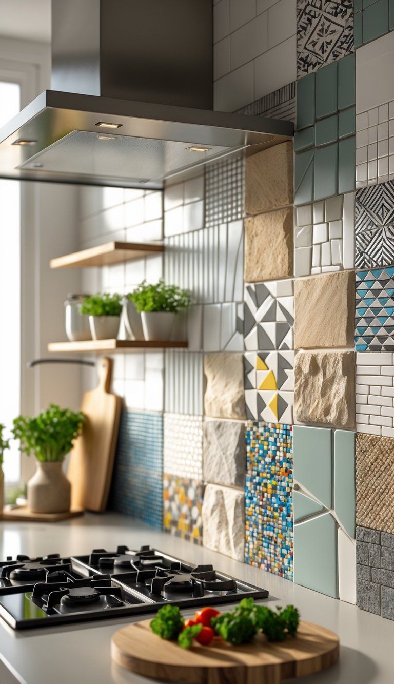 A modern kitchen wall displaying various backsplash styles including geometric, natural stone, mosaic, and textured tiles above a clean countertop with kitchen utensils and plants.