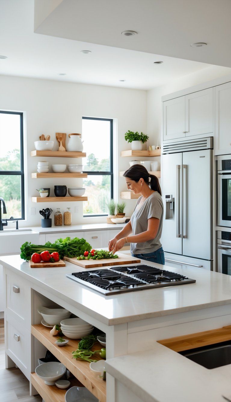 A person preparing food in a bright, organized kitchen with a spacious island, cooking utensils, and fresh ingredients visible.