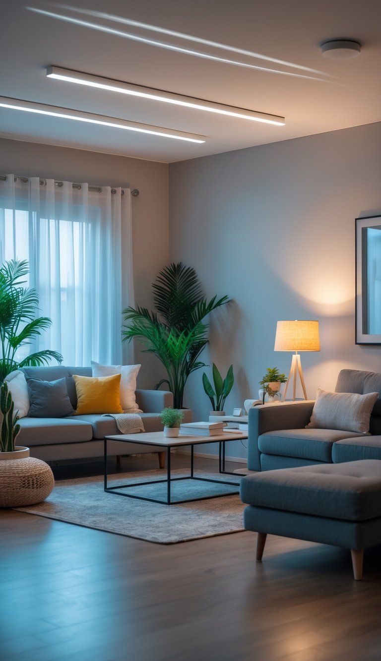 A modern living room with uneven and harsh lighting, showing bright glares and deep shadows that make the space look uninviting.