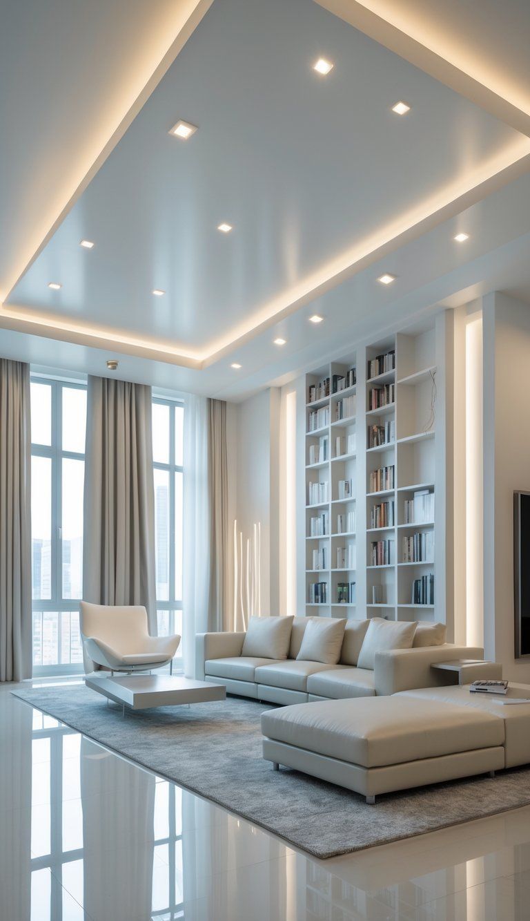 A modern living room with a low ceiling that looks higher due to tall bookshelves, large windows, mirrors, and bright lighting.