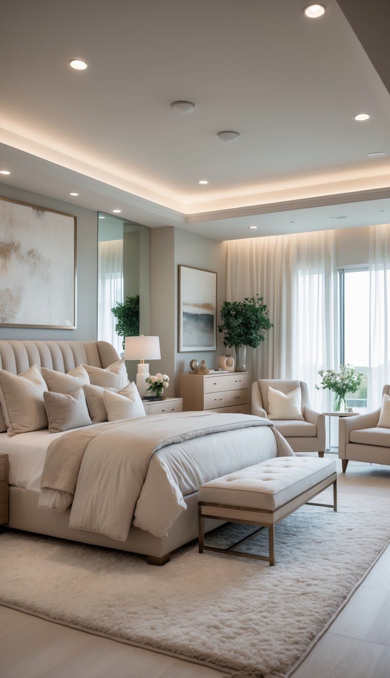 A spacious master bedroom with a large bed, soft bedding, natural light from windows, a seating area with an armchair, and calming decor.