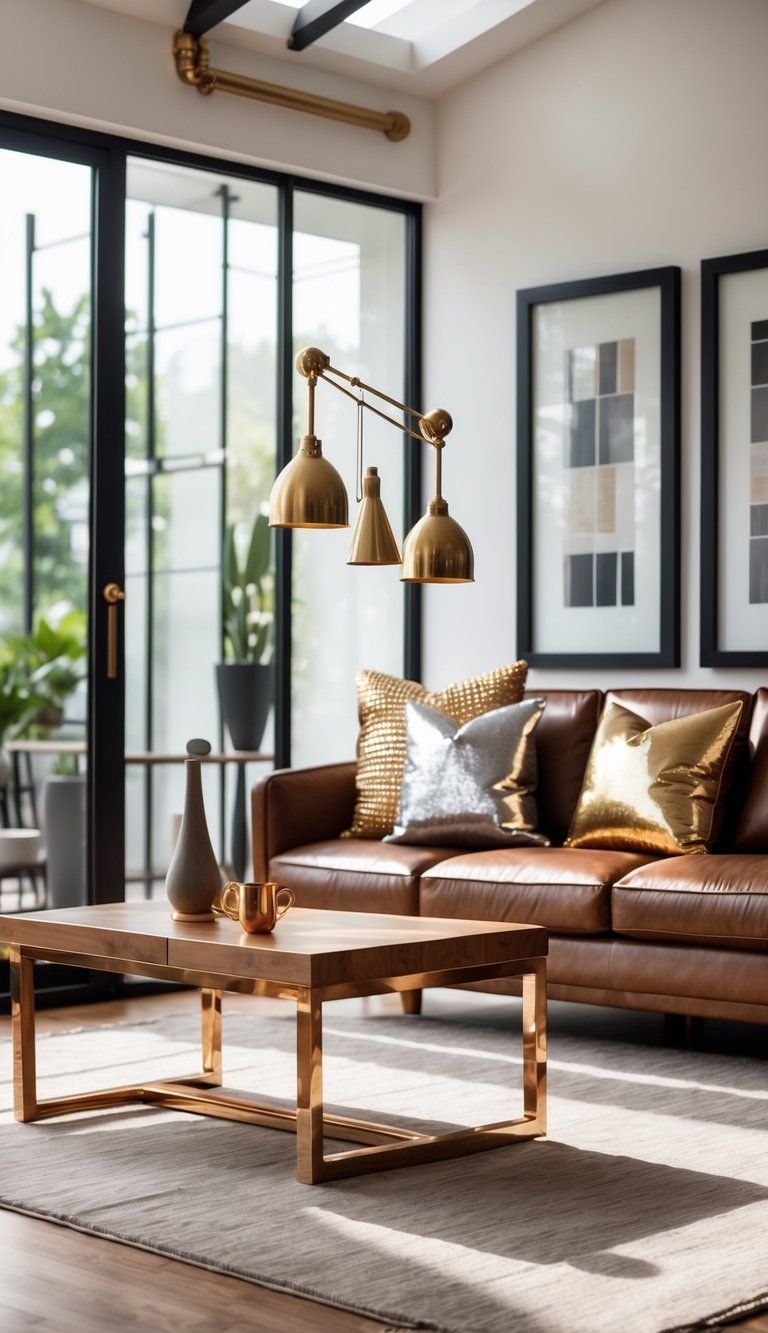 A modern living room featuring a mix of metallic elements including brass light fixtures, chrome table legs, and black metal frames, with a wooden coffee table and decorative pillows.
