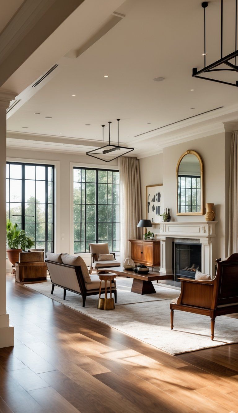 A bright and inviting living room with a mix of different furniture styles, large windows, and a fireplace.