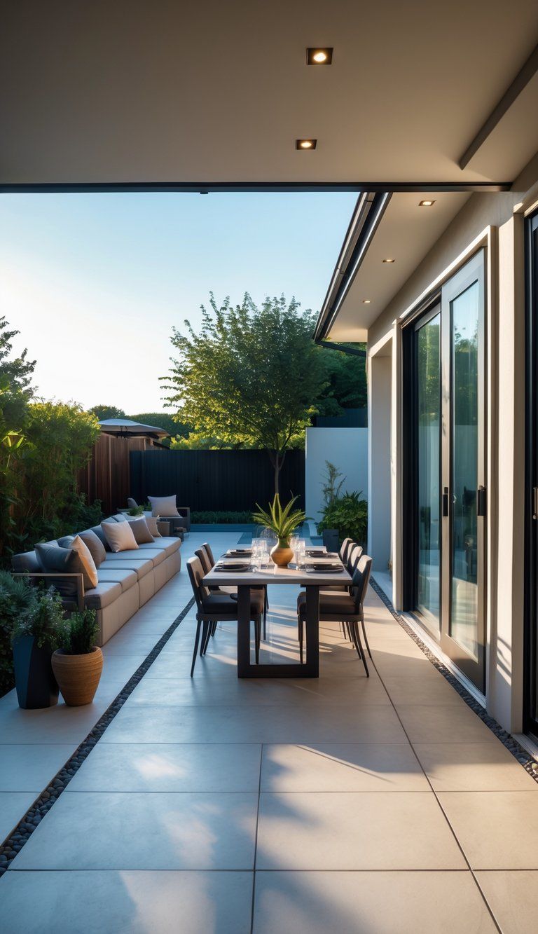 A spacious outdoor patio connected to a house with sliding glass doors, featuring comfortable seating, a dining table, and greenery in the background.