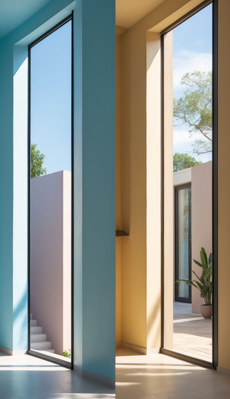 Four adjacent rooms side by side, each with different natural light and paint colors reflecting north, south, east, and west-facing orientations.