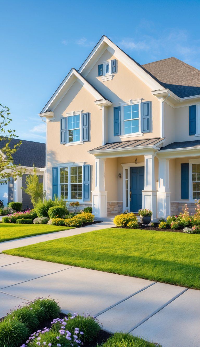 A suburban house with freshly painted exterior walls in warm beige and blue accents, surrounded by a green lawn and flowers under a clear blue sky.