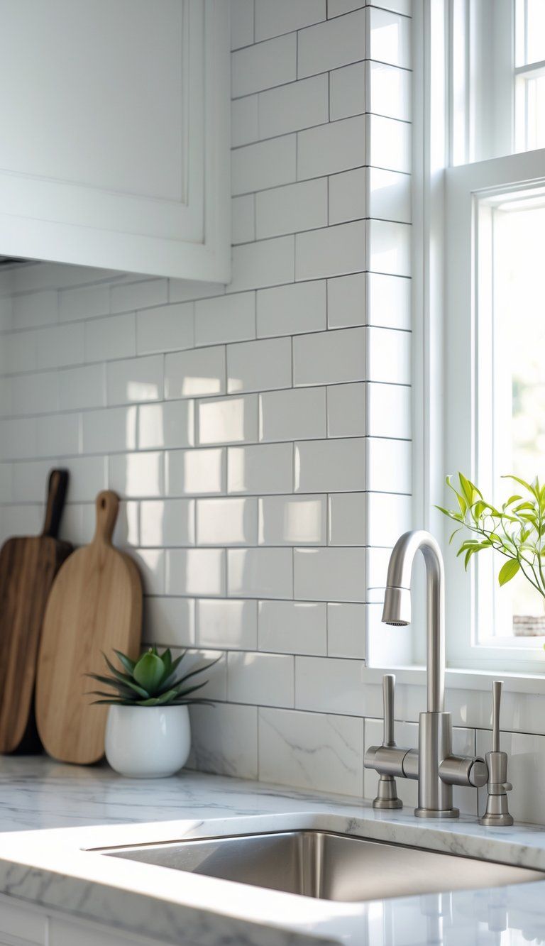 Close-up of a kitchen backsplash with white subway tiles, marble countertop, faucet, cutting board, and a small plant.