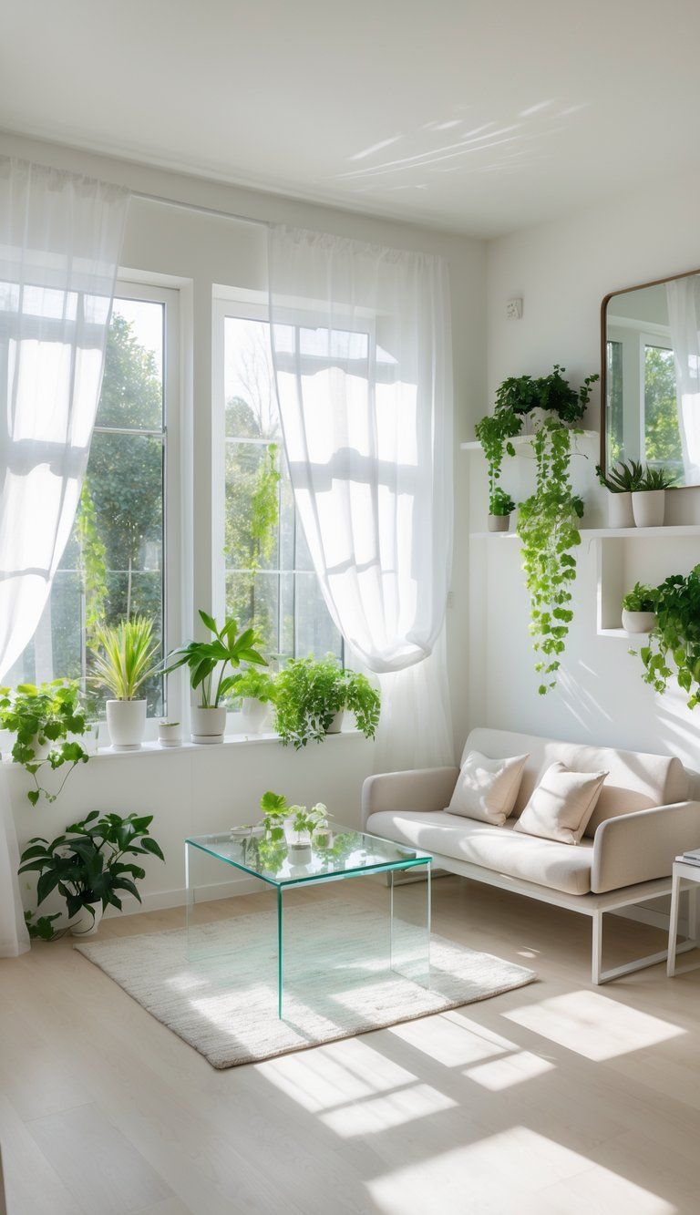A small, bright living room with large windows, light walls, minimal furniture, mirrors, and indoor plants, creating an open and airy atmosphere.