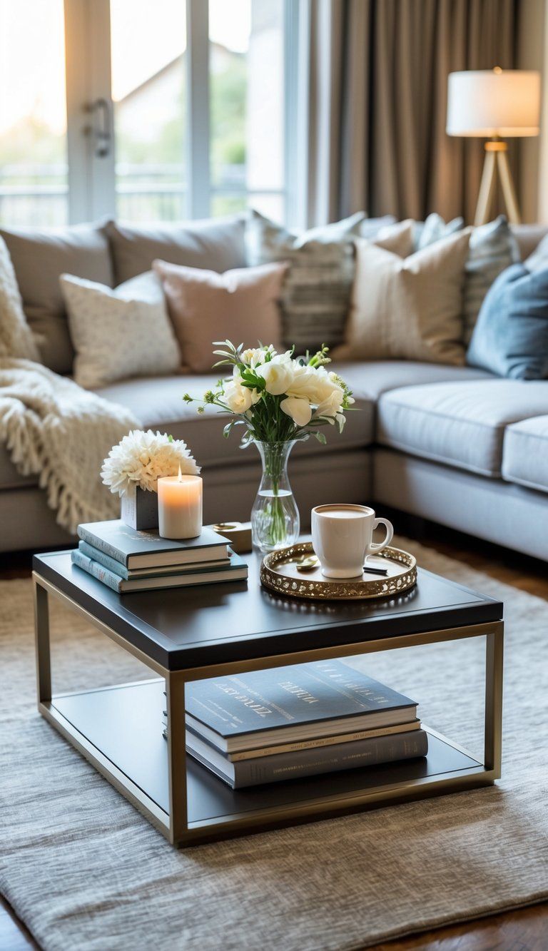 A living room with a coffee table decorated with books, flowers, a candle, and a coffee cup, surrounded by a sofa and natural light.