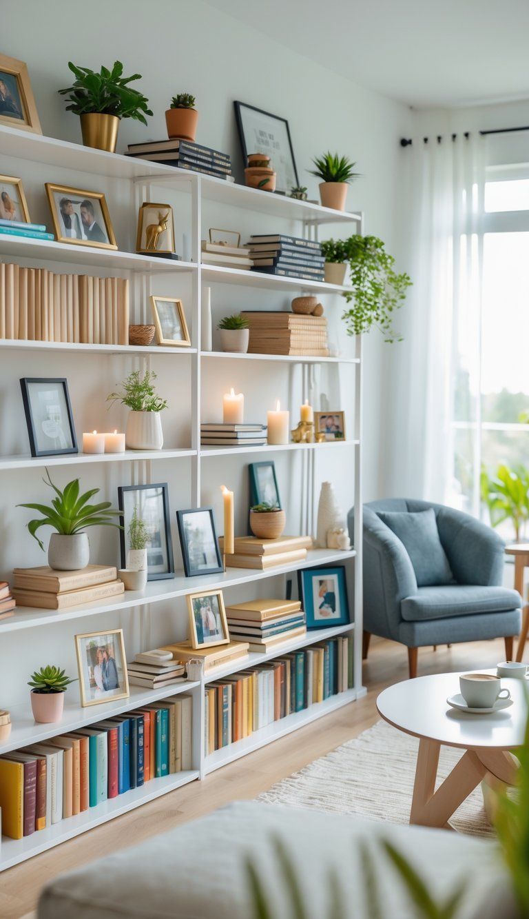 A modern bookshelf filled with books, plants, framed photos, and decorative items in a cozy living room with natural light.