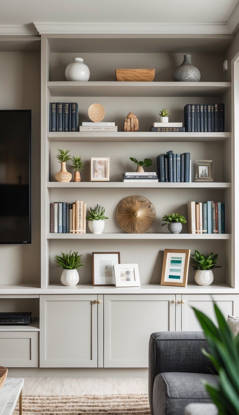 A well-organized bookshelf and built-in shelves filled with books, plants, and decorative items in a bright living room.