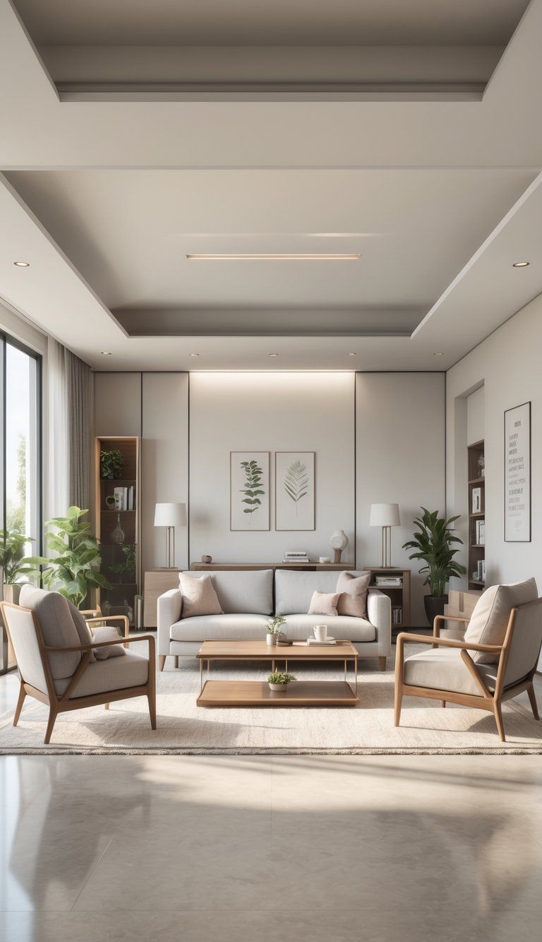 A spacious living room with a sofa, armchairs, coffee table, and plants arranged to create an inviting and functional seating area.