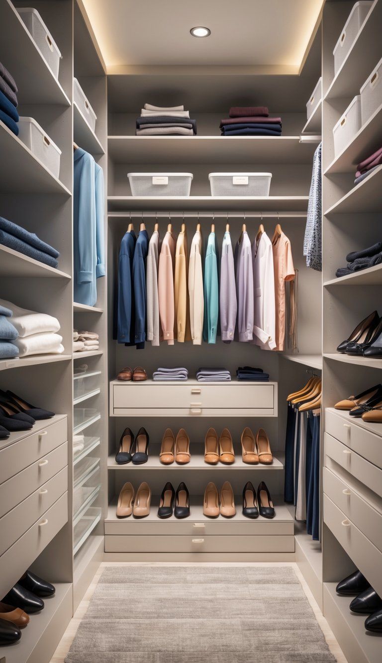 A tidy walk-in closet with organized shelves, hanging clothes, storage bins, and shoe racks.