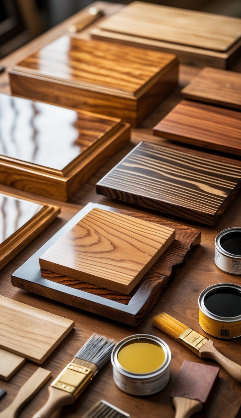 Close-up of various wooden samples with different finishes and wood finishing tools arranged on a table.