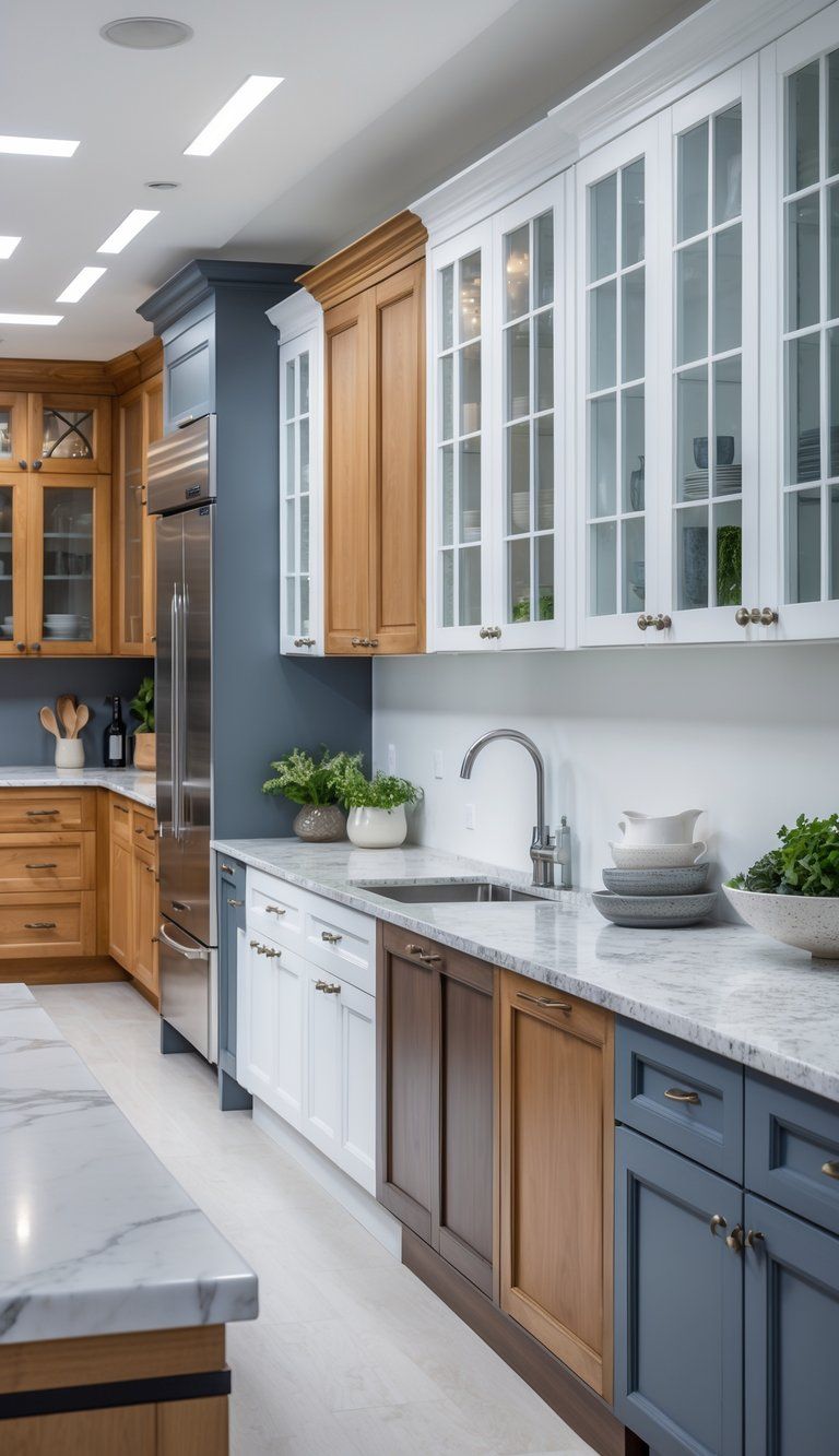 A well-lit kitchen showroom displaying multiple kitchen cabinets with different door designs and finishes arranged neatly.