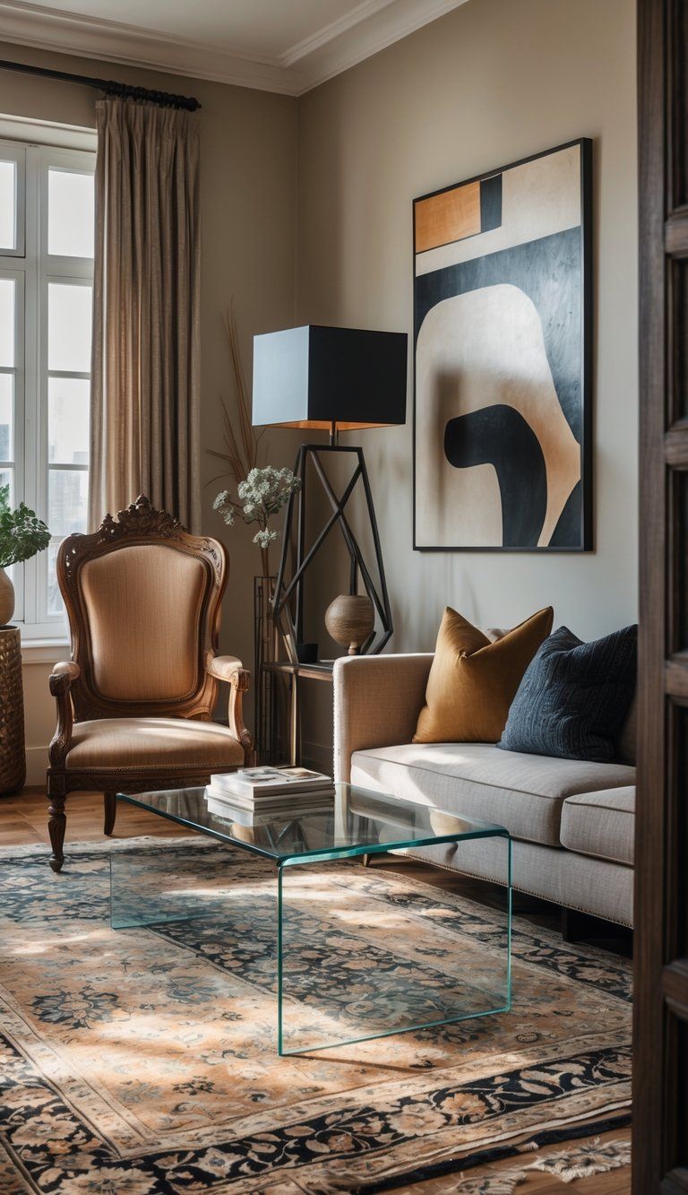 A living room combining vintage wooden furniture with modern glass and metal pieces, illuminated by natural light through large windows.