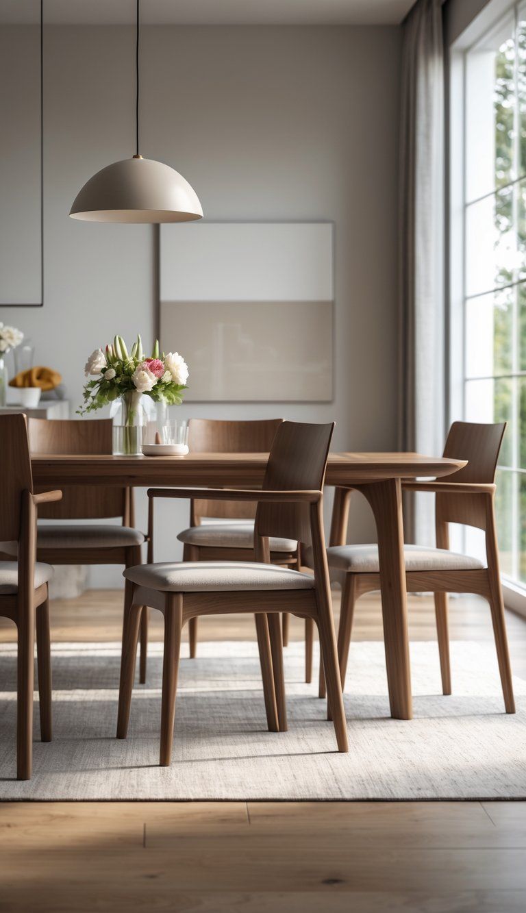 A dining table with matching chairs arranged neatly in a bright room with natural light.