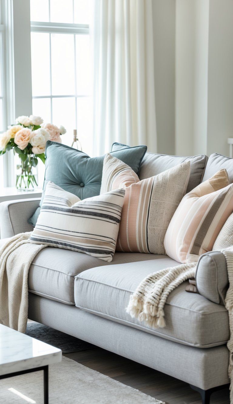 A modern sofa with a carefully arranged mix of decorative pillows in different colors and patterns in a bright living room.