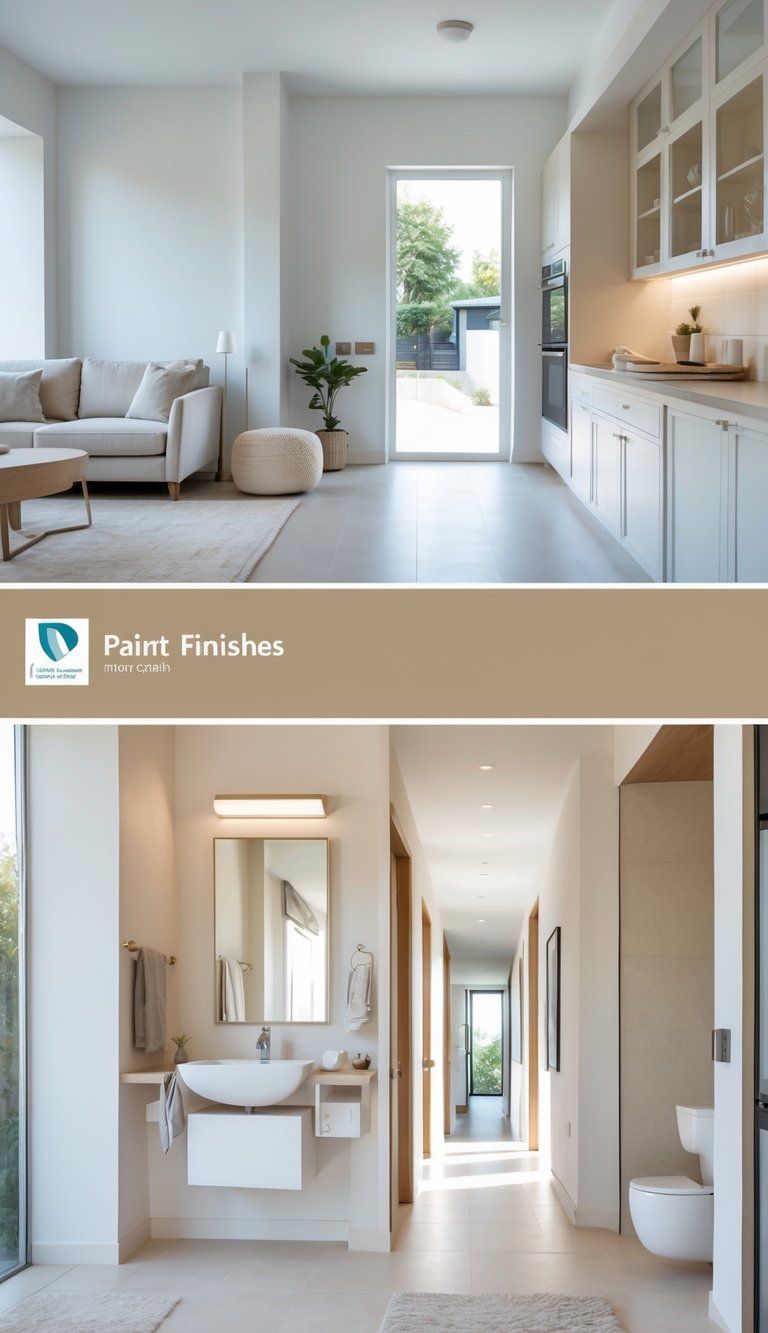 A modern home interior showing a living room, kitchen, bathroom, and hallway with different paint finishes on the walls and surfaces.