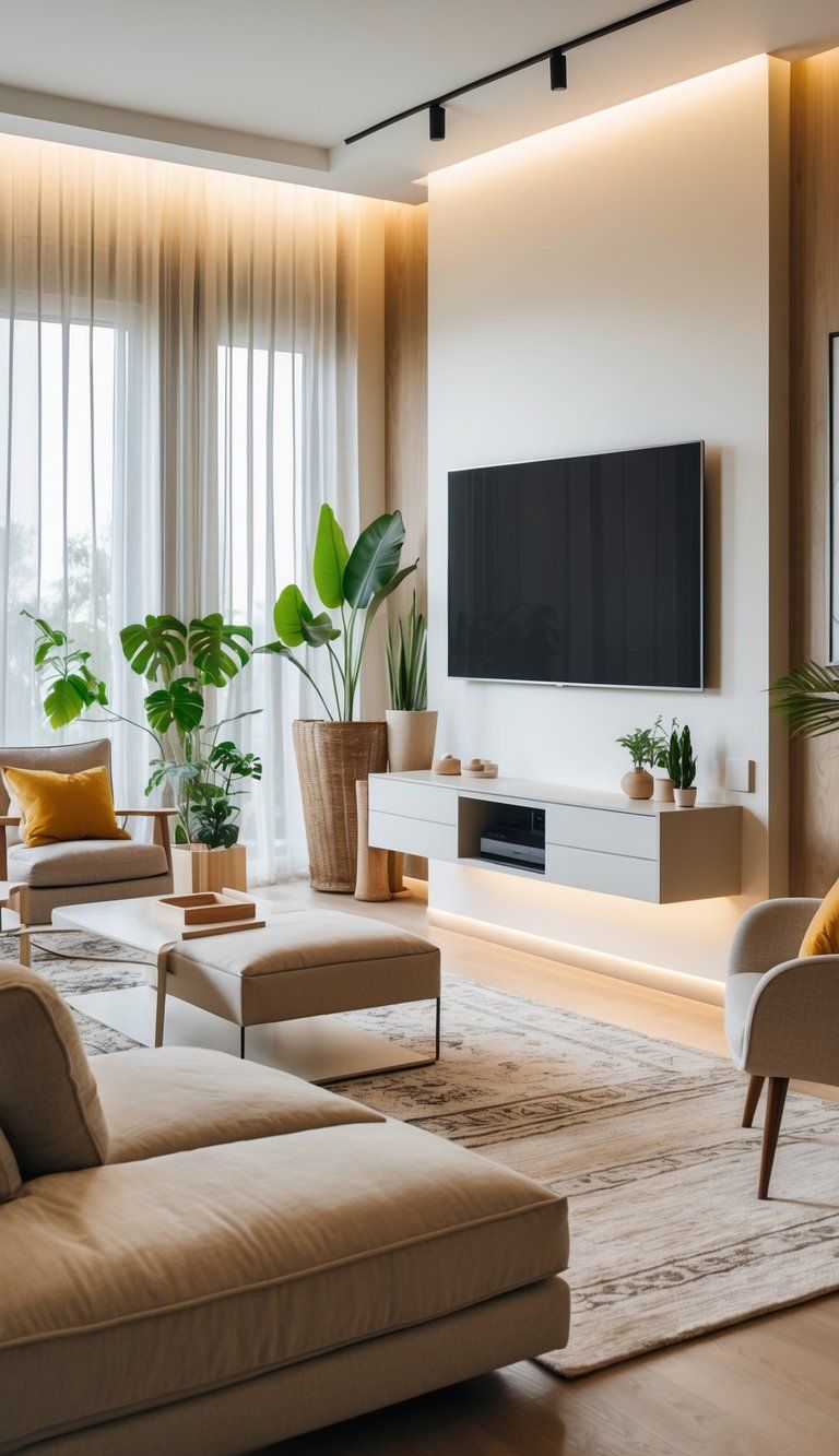 A living room with a wall-mounted TV above a media console, comfortable seating facing the TV, and natural light coming through large windows.