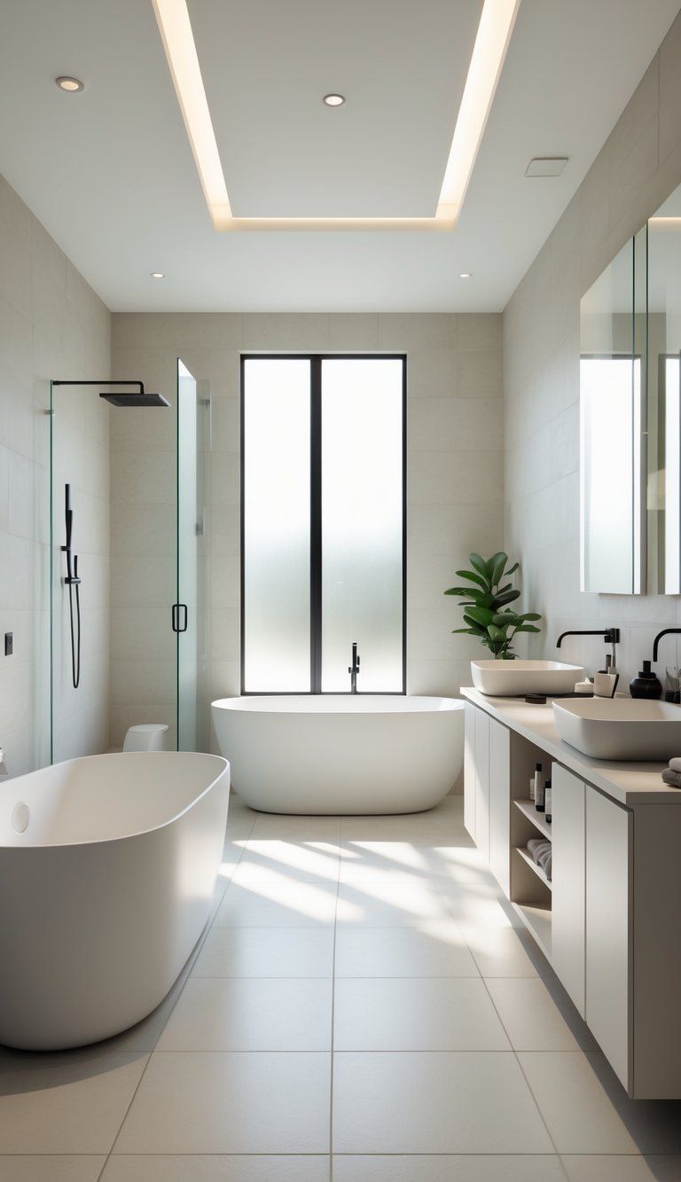 A spacious modern bathroom with a walk-in shower, freestanding bathtub, double vanity, and natural light coming through a window.