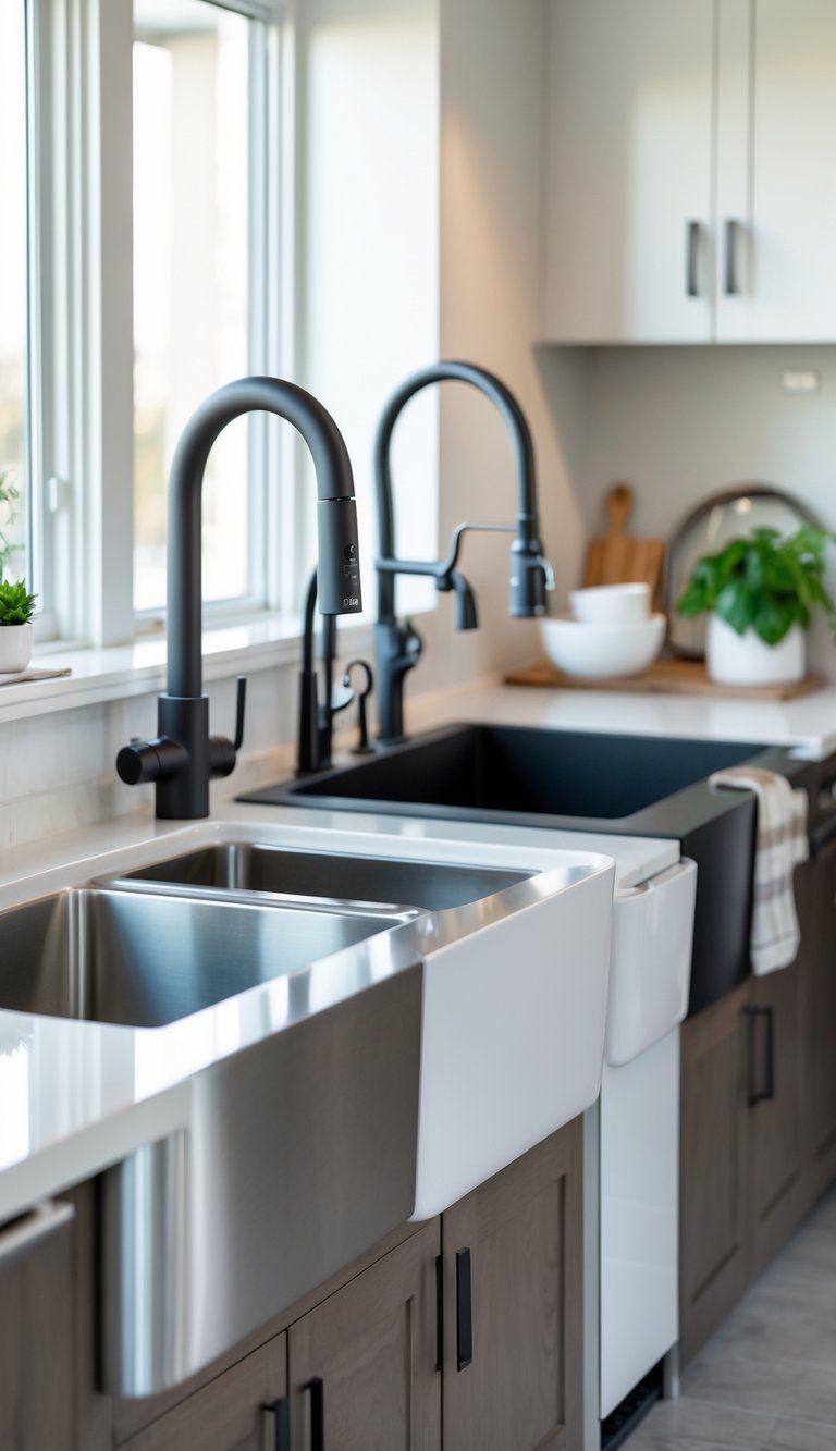 A kitchen countertop displaying various types of clean kitchen sinks including stainless steel, ceramic, farmhouse, and granite composite under soft natural light.