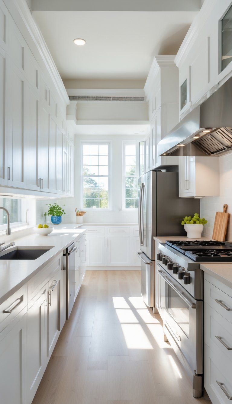 A modern kitchen with a spacious countertop, stove, sink, kitchen island with seating, and large windows letting in natural light.
