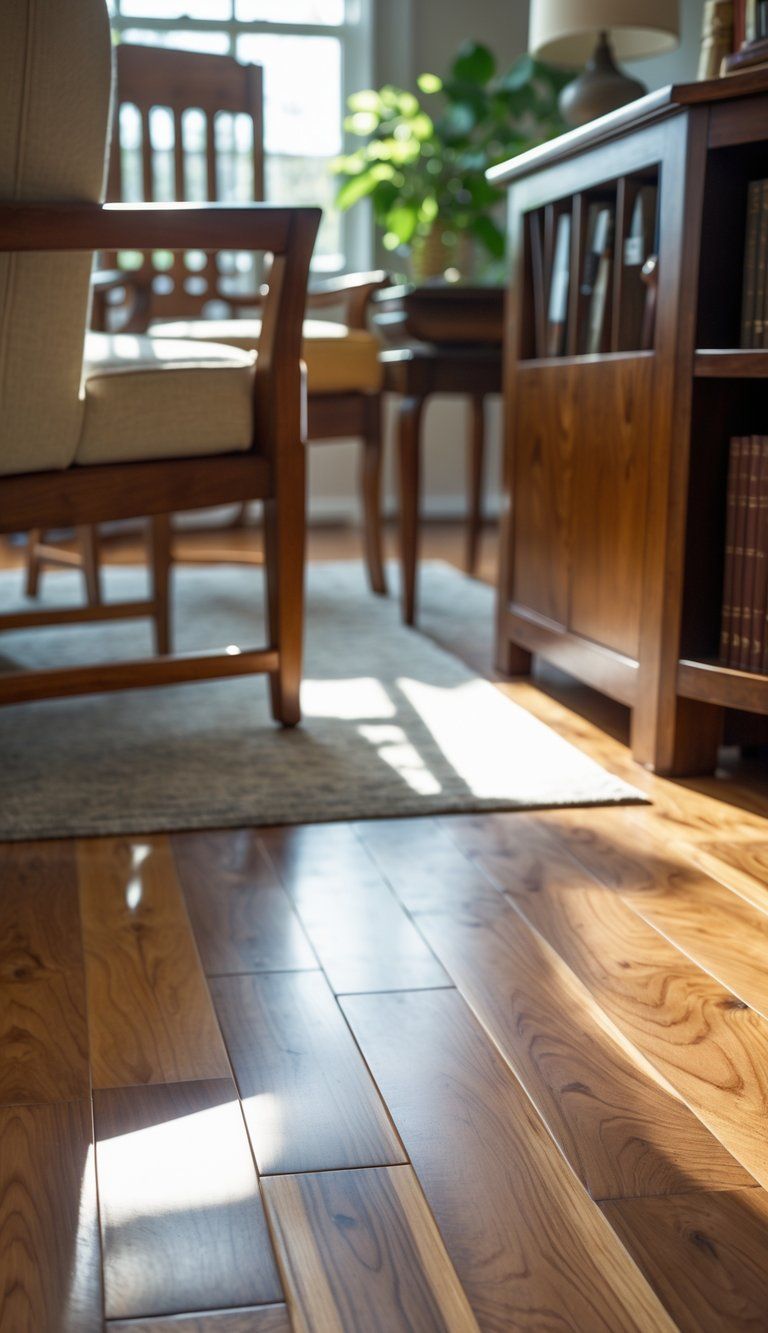 Close-up of wooden furniture pieces with different wood tones placed on hardwood floors showing contrasting and matching wood colors in a living room.