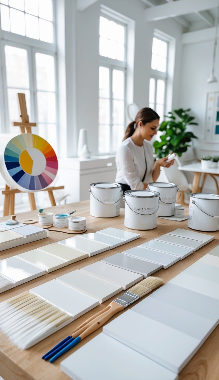 A designer in a bright studio examining various white paint samples and brushes on a wooden table with natural light coming through windows.