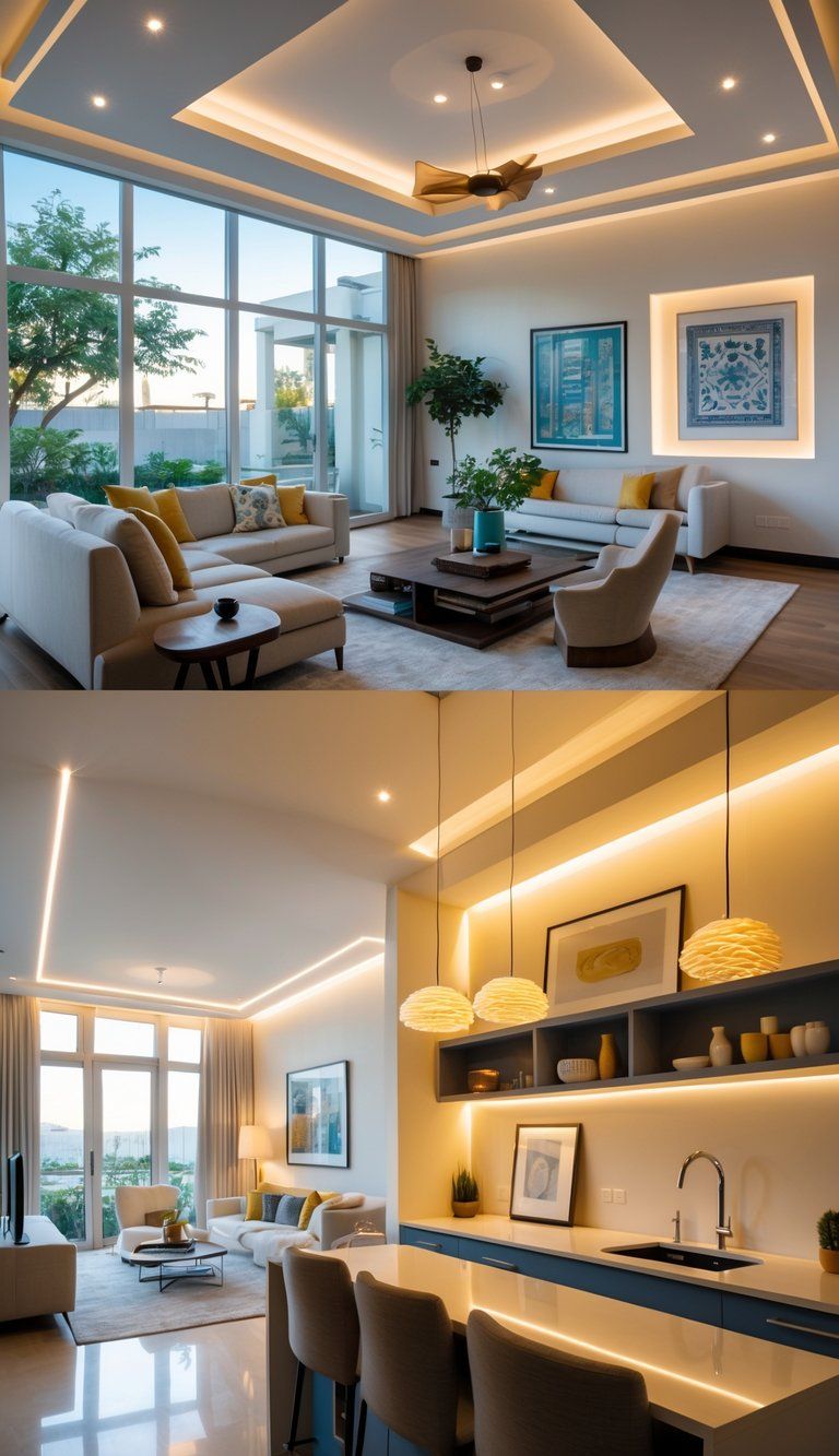 A modern living room and kitchen area illuminated by various lighting fixtures including natural light, ceiling lights, and pendant lamps.