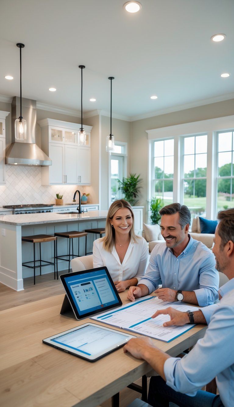 A couple reviewing home renovation plans in a modern kitchen and living area with bright natural light.