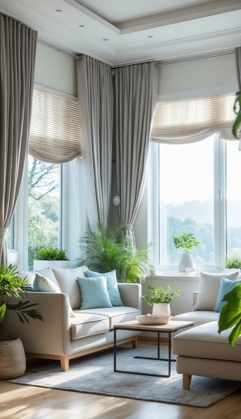 A living room with large windows covered by curtains and blinds, featuring a sofa, coffee table, and indoor plants.