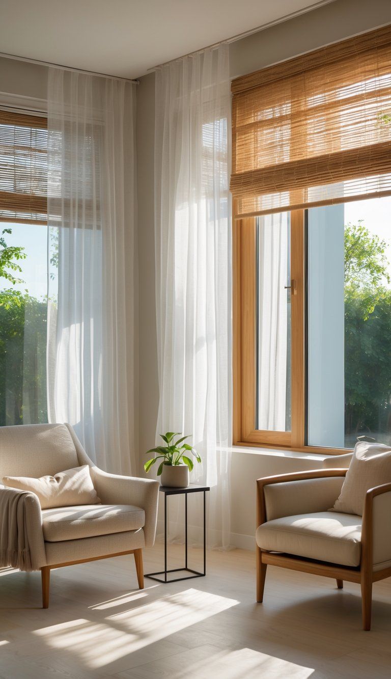 A modern living room with large windows covered by sheer curtains and wooden blinds, allowing soft natural light to fill the space.