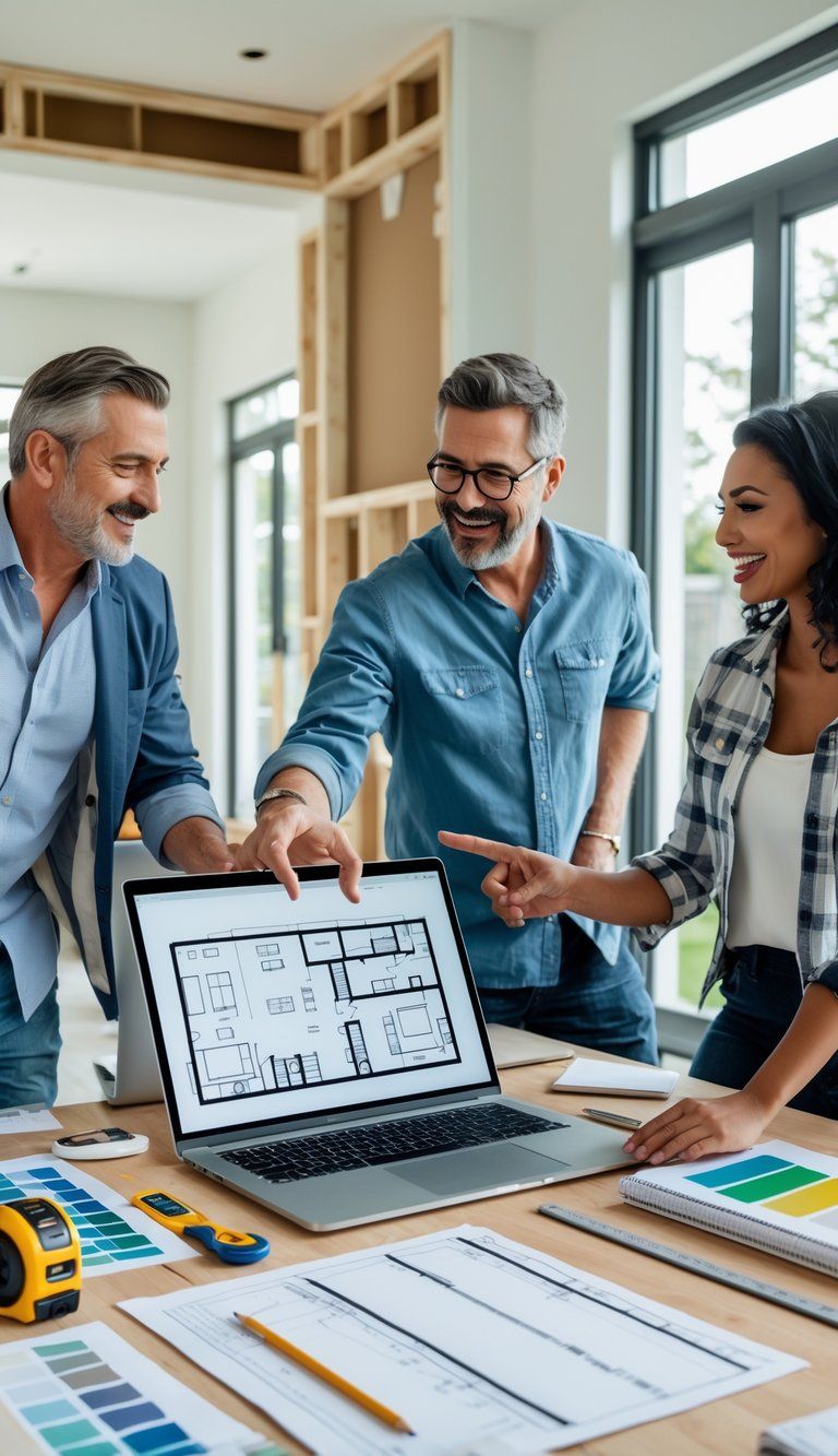 A group of people discussing home renovation plans around a table with a laptop, tools, and color samples in a bright living room.
