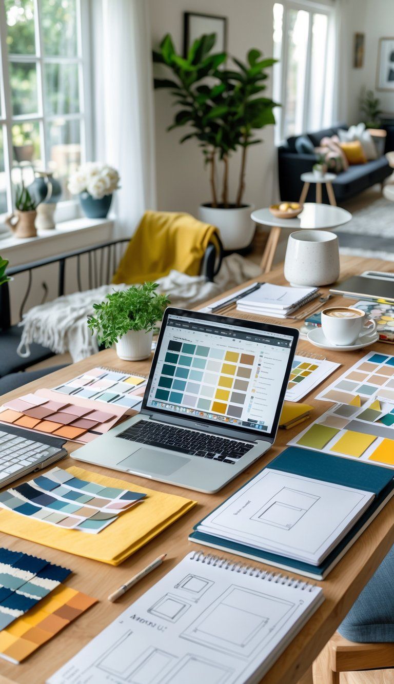 A workspace with mood board materials, a laptop, sketchbooks, coffee cup, and plants near a window, with a living room visible in the background.