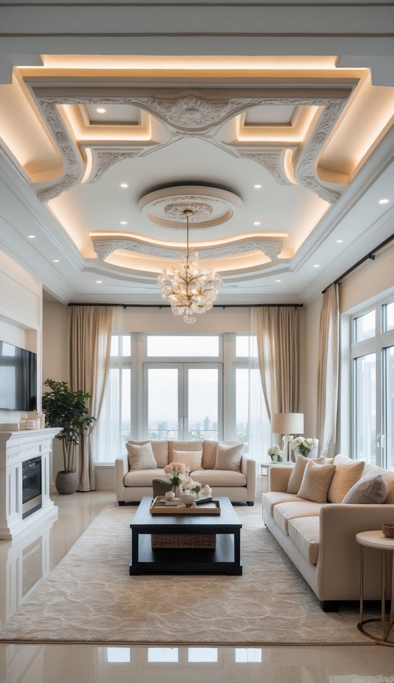 A well-lit living room with a detailed ceiling design, comfortable furniture, and large windows letting in natural light.