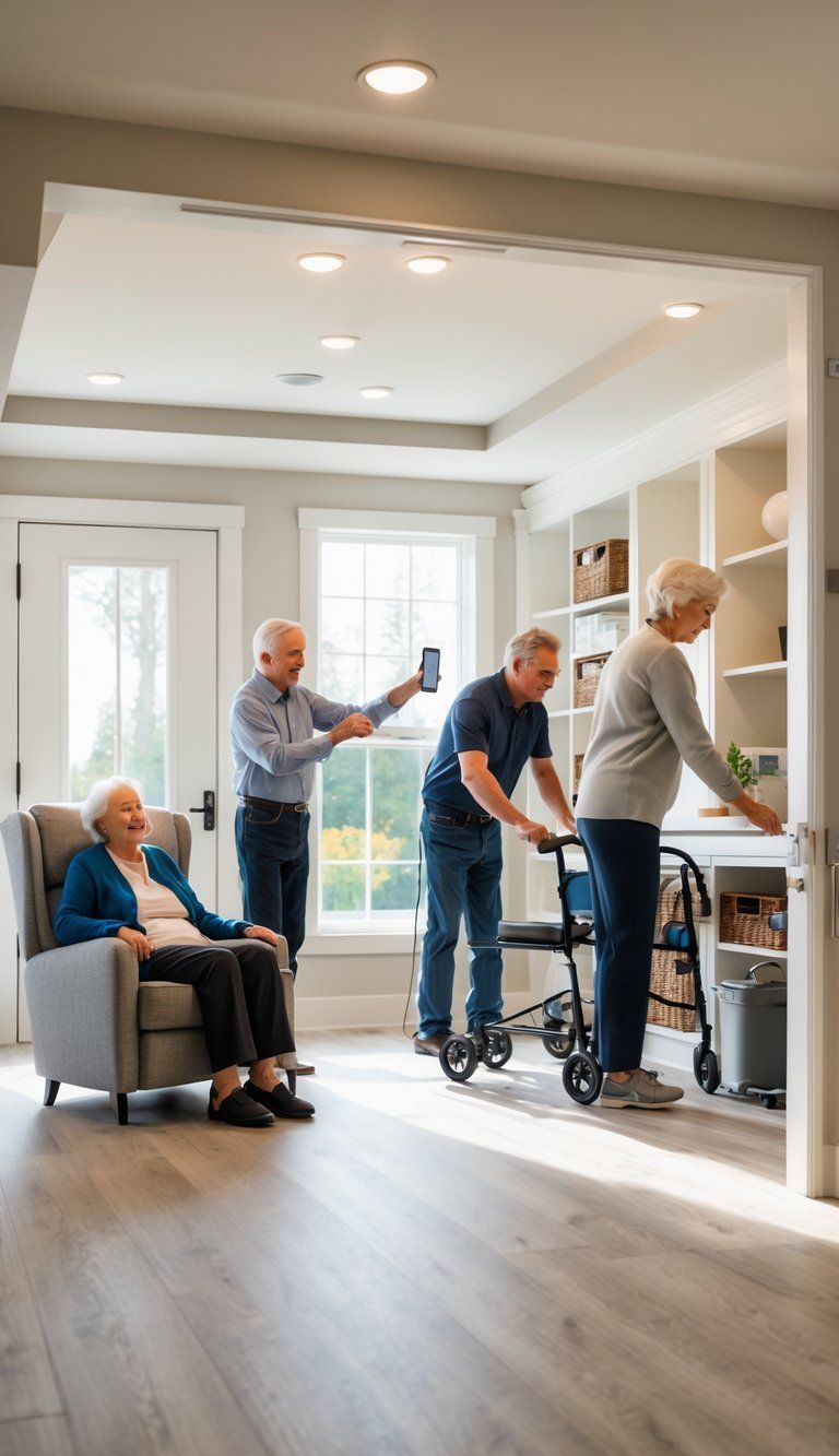 A multigenerational family in a bright living room designed for aging in place, showing smart home devices and accessible features.