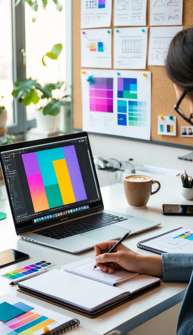 A designer’s workspace with a laptop, sketchbooks, pencils, color swatches, and a whiteboard showing design plans.