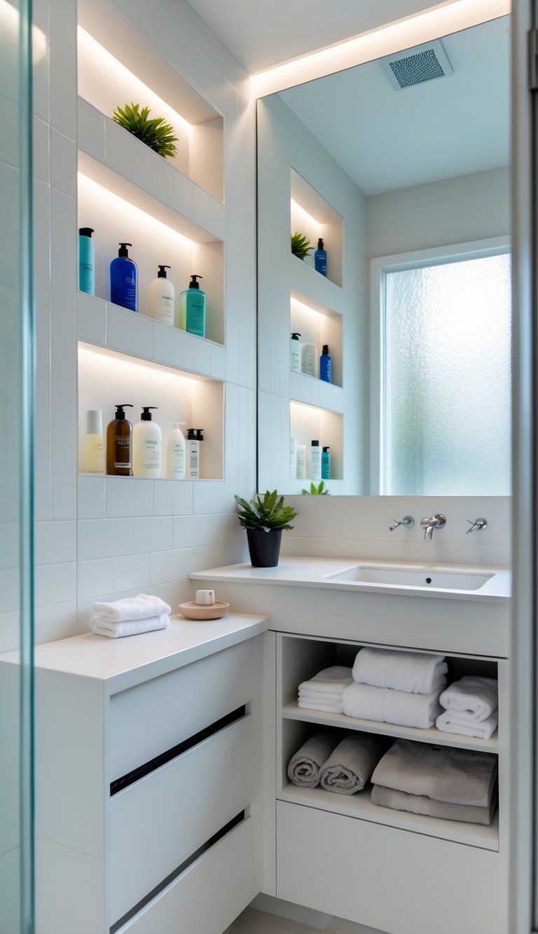 A modern bathroom with built-in shelves in the shower and custom cabinetry under the sink, neatly organized with toiletries and towels.