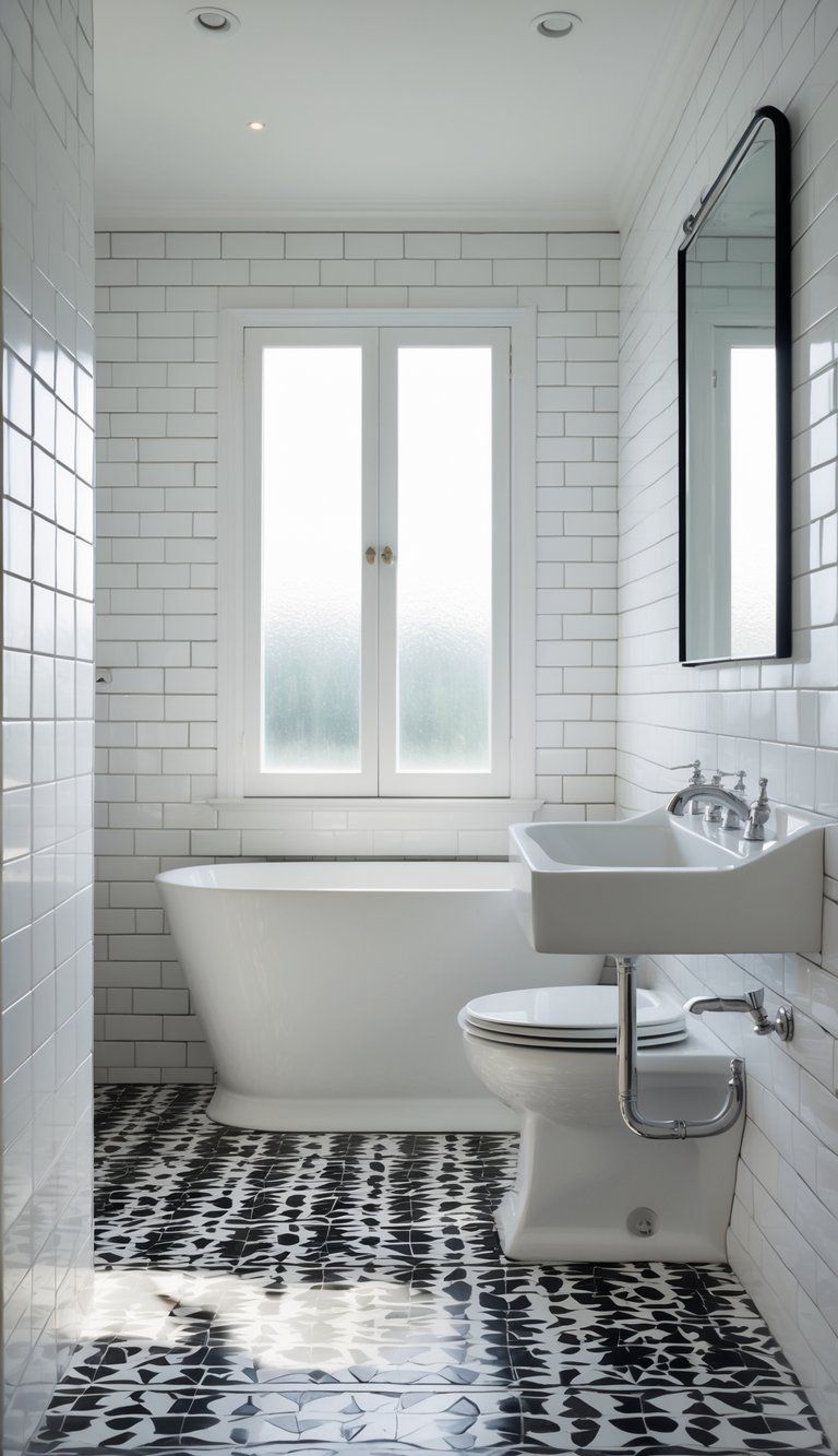 A bright bathroom with white subway wall tiles and black and white patterned floor tiles, featuring a white sink and a freestanding bathtub.