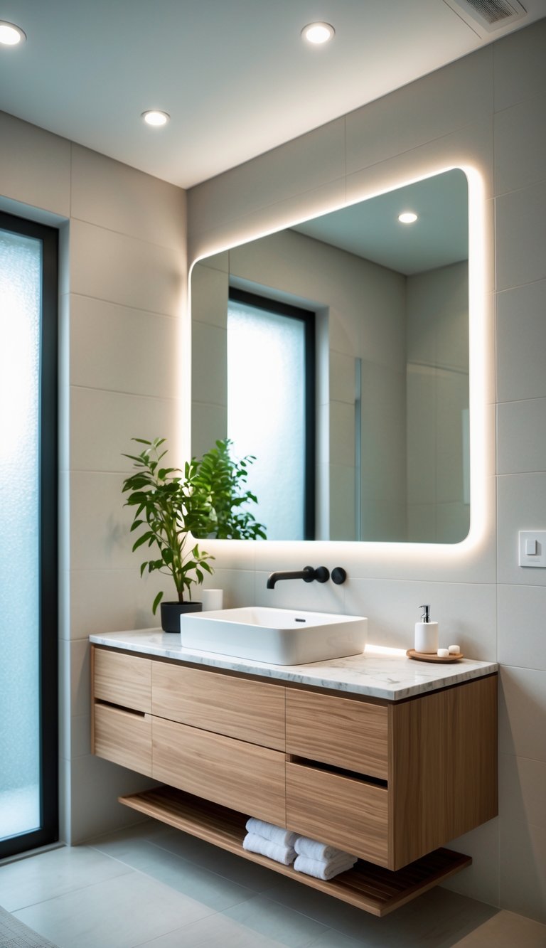 A modern bathroom with a wooden vanity, white countertop, large mirror, and a sink with a black faucet, illuminated by natural and artificial light.