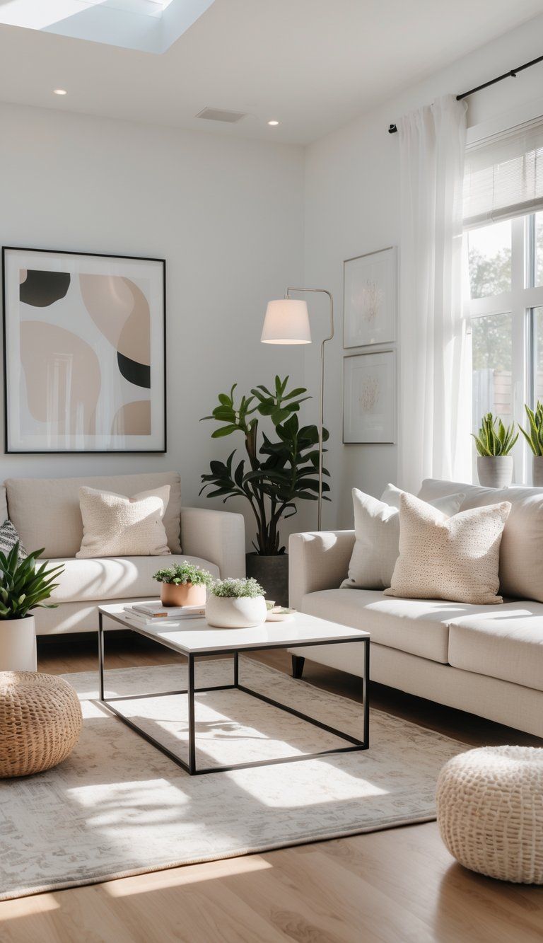 A modern living room with a neutral sofa, coffee table, plants, and natural light coming through large windows.