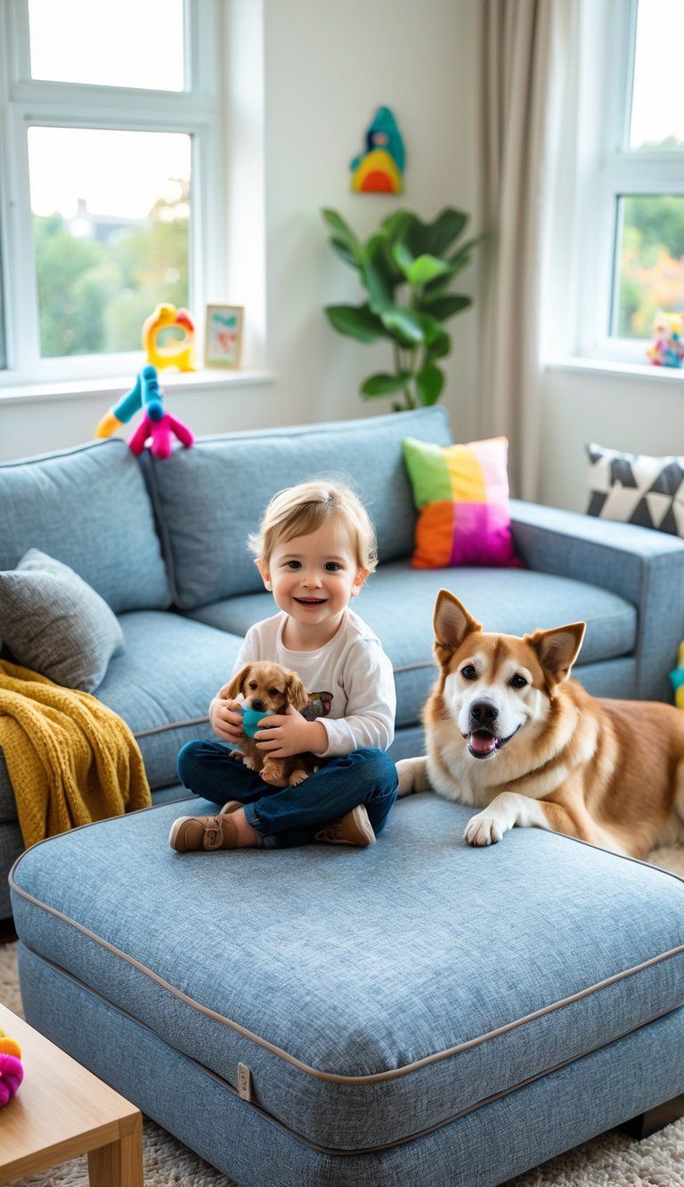 A child sitting on a sofa with a dog lying nearby in a bright living room.