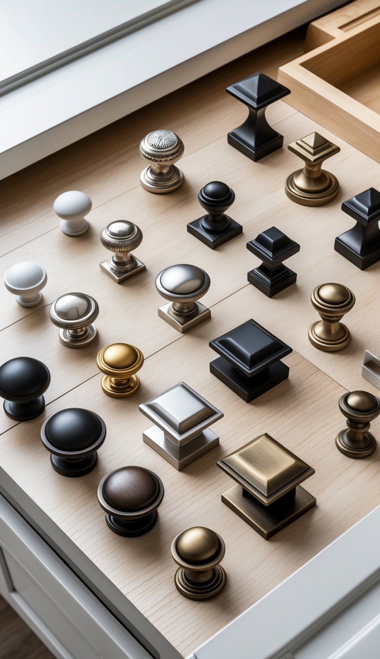 Various cabinet knobs and handles displayed on sample cabinet doors and drawers on a wooden surface.