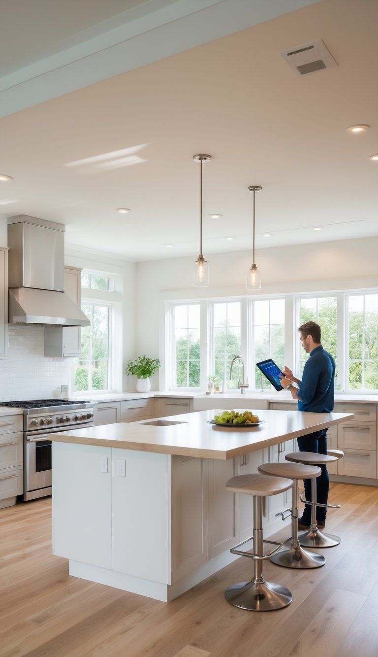 A modern kitchen with a central island, a person reviewing plans near the island, and bright natural light coming through a window.