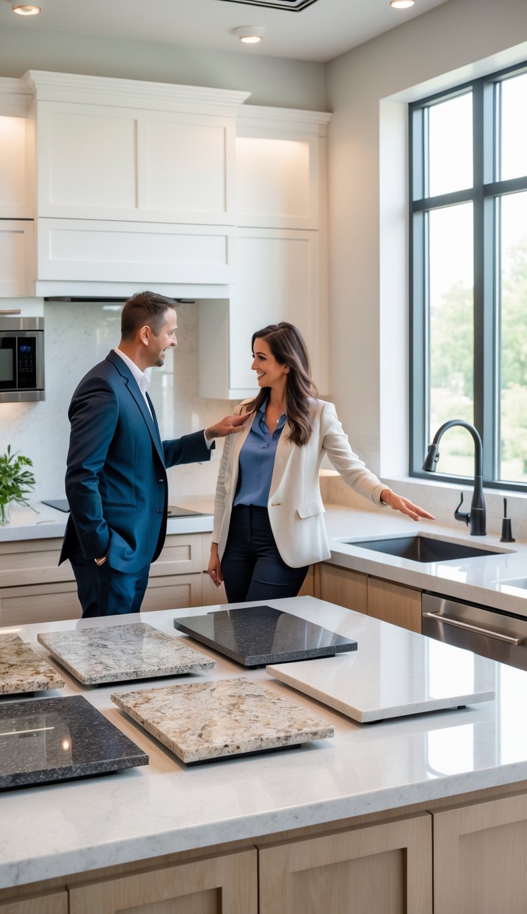 A couple consulting with an interior designer in a kitchen showroom, examining different countertop samples displayed on tables.