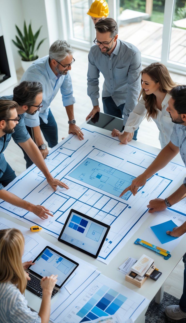 A group of people reviewing blueprints and a timeline chart during a home renovation planning meeting.