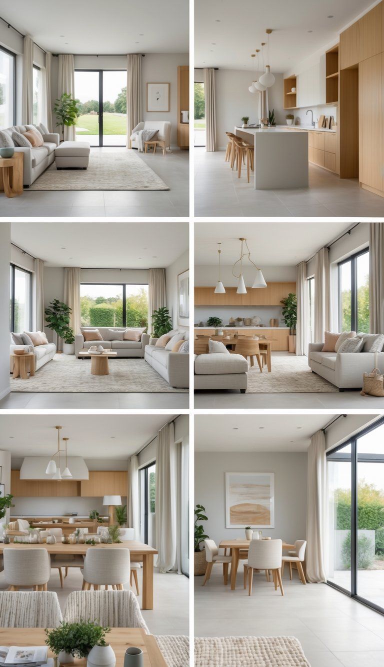 An open floor plan home interior with connected living, dining, and kitchen areas featuring a consistent neutral color scheme and natural light.