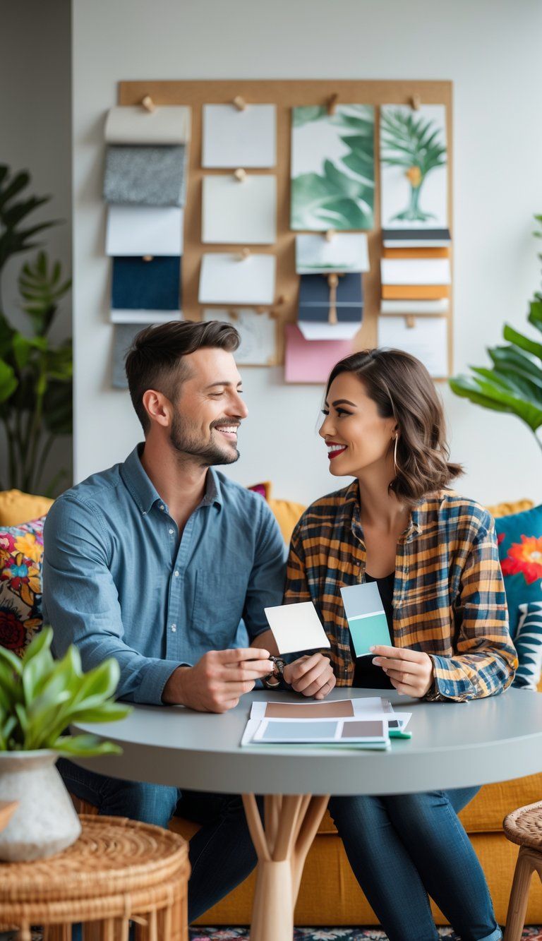 A couple sitting at a table in a living room discussing home design choices with fabric swatches and paint samples.